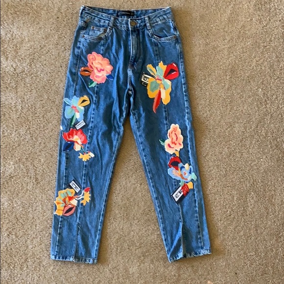 floral patch jeans